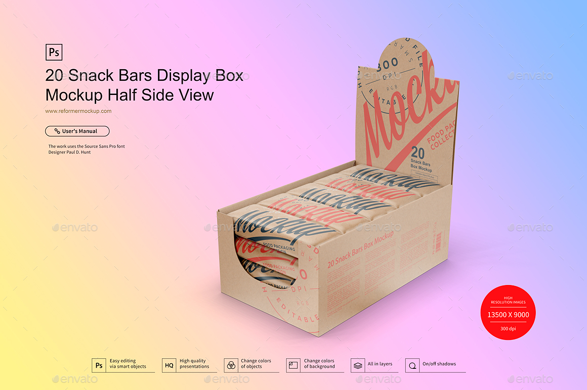 20 Kraft Snack Bars Display Box Mockup Half Side View by _Reformer_